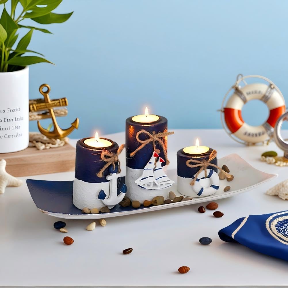 Candle Holders Set of 4 with Wooden Candle Tray, Ocean Marine Candlestick Tealight Holders for Bedroom, Table Decorarion, Ornaments for Living Room, Bathroom, Friends Birthday Gifts (Triple)