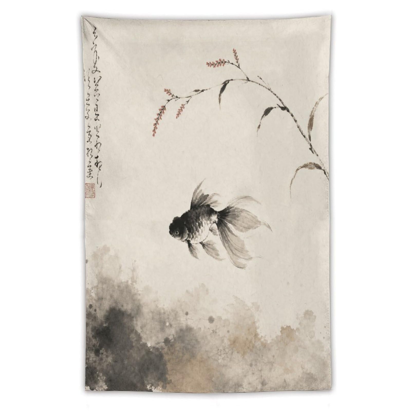 W7C8U2X3 Black Goldfish Wall Tapestry, Asian Ink Style, Ink Wash
