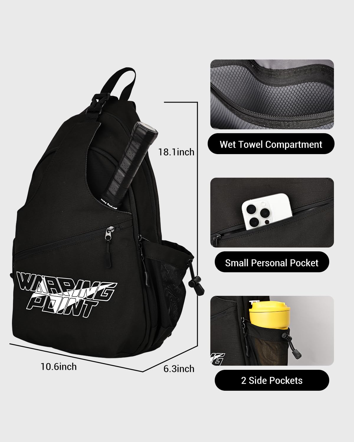 Warping Point Bolsa de pickleball, mochila cruzada ajustable de gran capacidad para mujeres y hombres, bolsa de pádel con capacidad para 2 a 4 paletas con múltiples compartimentos, gancho de valla de