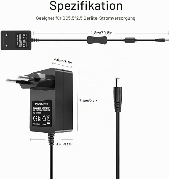 12V DC Power Supply AC/DC 12-Volt 2A Adapter 1.8 m Power Cable with Switch