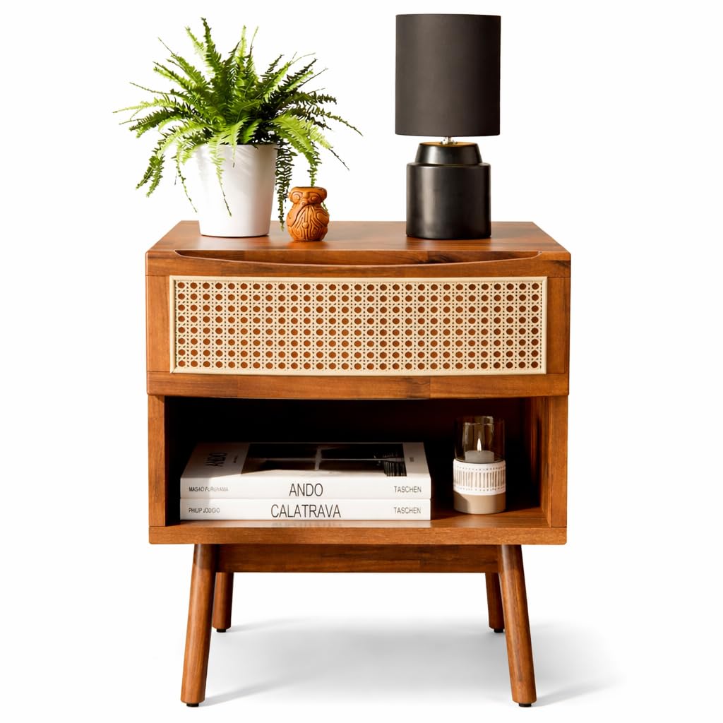 THE KASHTH Solid Wood Rattan Nightstand with Drawer, Mid Century Modern Bedside Table, Wooden Side Table for Bedroom Living Room, Handcrafted Cane Furniture, Dark Walnut Finish