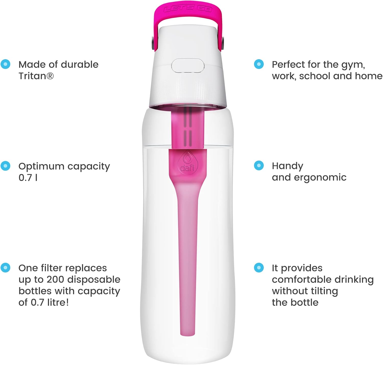 Dafi Filtered Water Bottle with Straw 24 oz - Sports Water Bottle Reusable with Carbon Filter for Travel, Gym, Daily Use - Leakproof, BPA-Free with Hypoallergenic Mouthpiece & Carrying Handle - Pink - Image 5