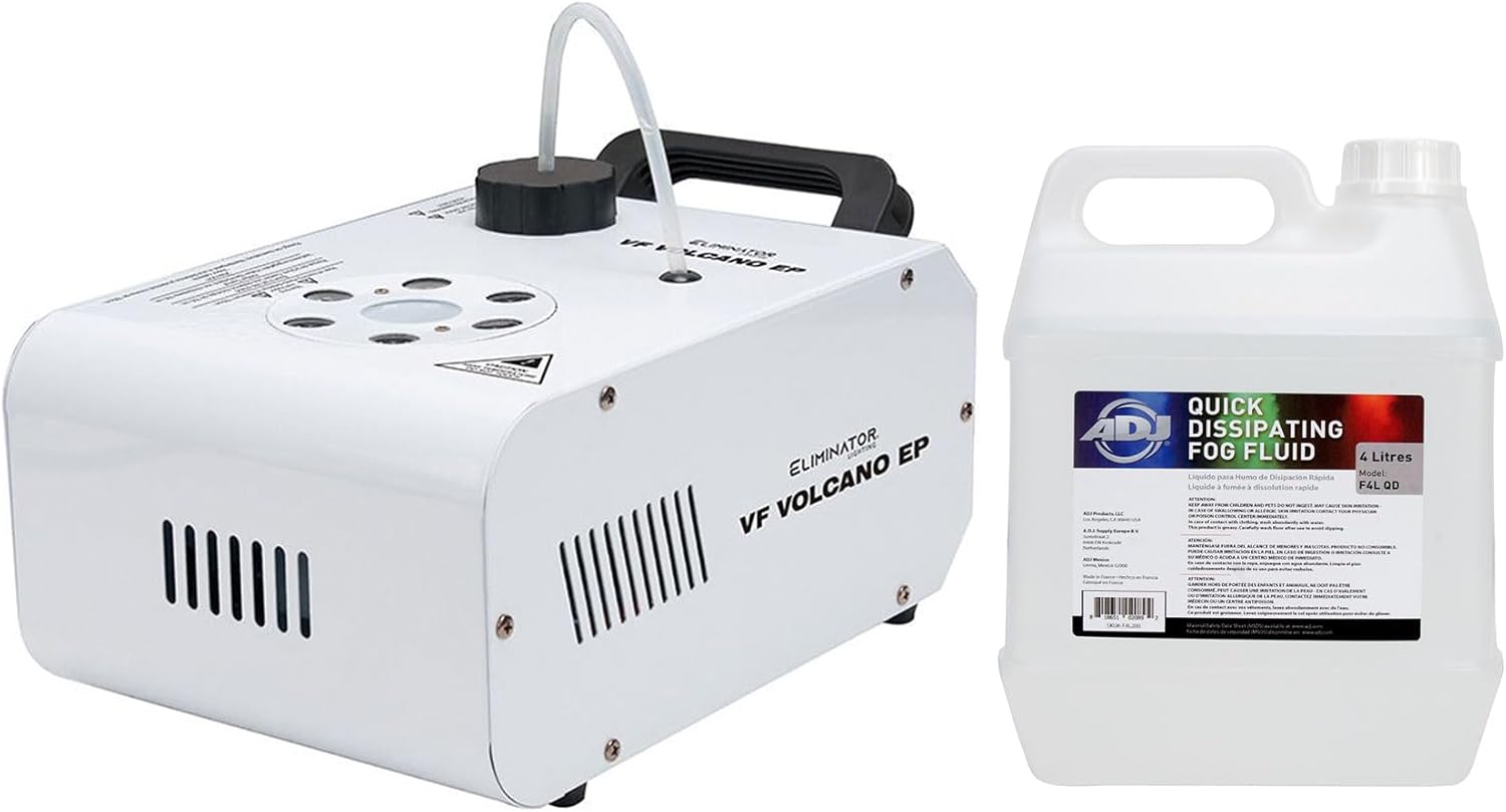 Audiosavings Bundle: (1) Eliminator American DJ VF Volcano EP 750W Fog Machine Water-based Fogger w/6 LED Bundle with (1) ADJ F4L QD 4 Liters Fog Fluid (2 Items)