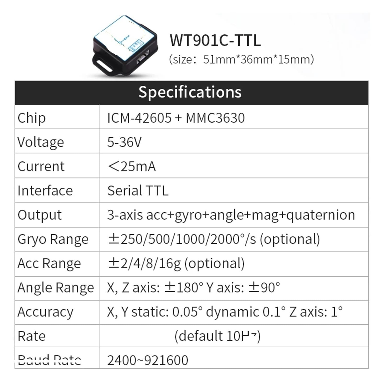 Sensor de aceleración WT901C, aceleración del inclinómetro + giroscopio + ángulo + herramientas de medición de ángulo de inclinación de brújula Digital(WT901C-TTL Standard)