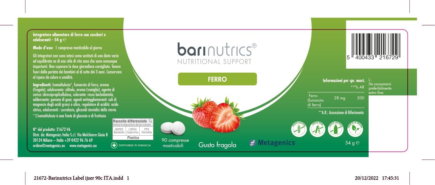 Metagenics BariNutrics Ferro - Integratore di Ferro per Stanchezza e Affaticamento - 90 Compresse Masticabili Gusto Fragola - Alta Assorbibilità e Tollerabilità Gastrica - Senza Glutine e Lattosio