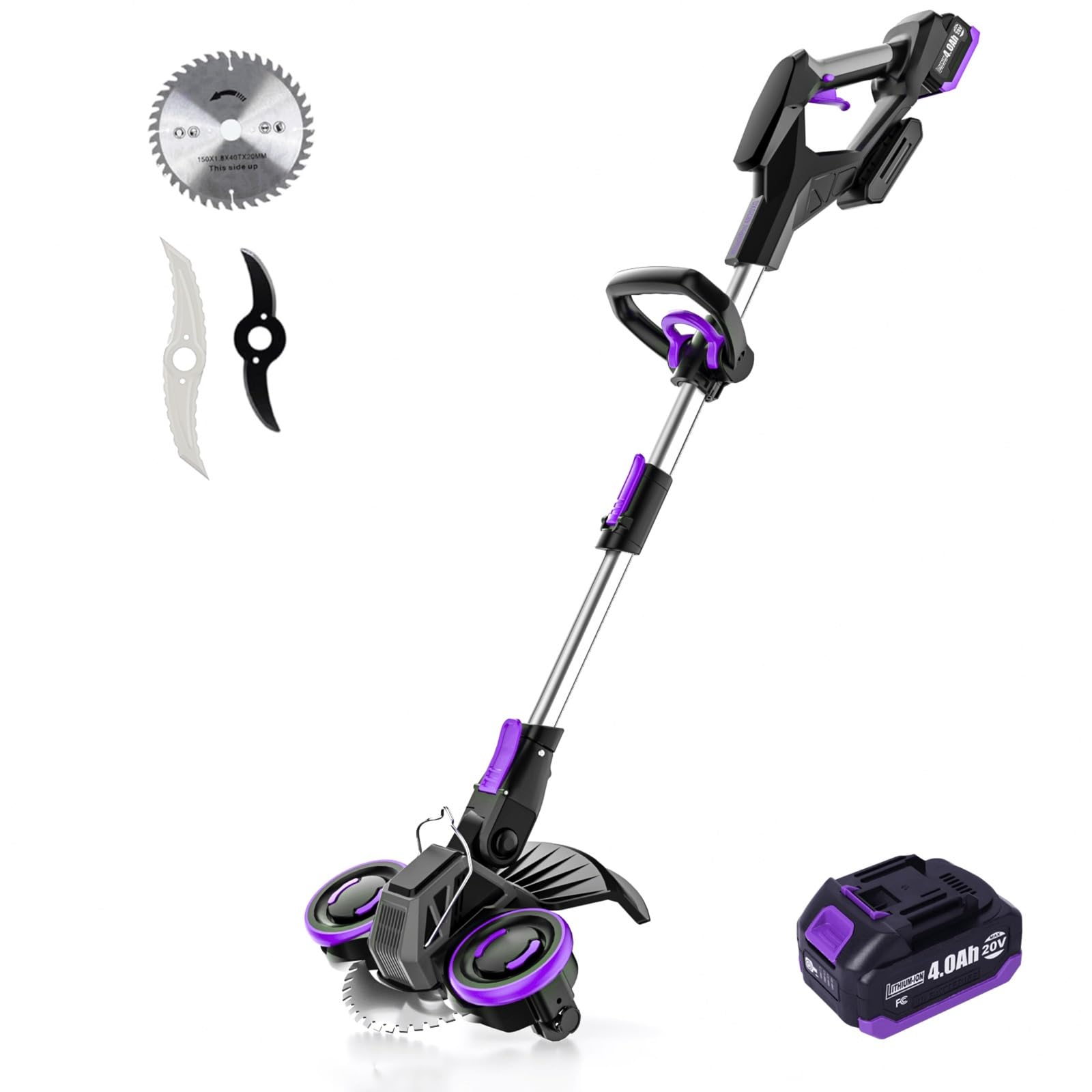 Cordless Weed Wacker, GearBrushless Motor, 20V 5.2Ah Battery Powered, 3 in 1 Edger/Mower/Trimmer with Metal Blade (4.0A Battery Set)