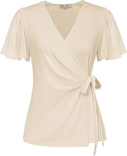 GRACE KARIN Damen Wickelbluse Elegant V-Ausschnitt Tunika Fließende Chiffon Kurzarm Oberteile Basic Loose Fit Sommer Freizeit Top