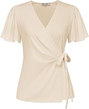 GRACE KARIN Women's Wrap Blouse Elegant V-Neck Tunic Flowing Chiffon Short Sleeve Tops Basic Loose Fit Summer Leisure Top