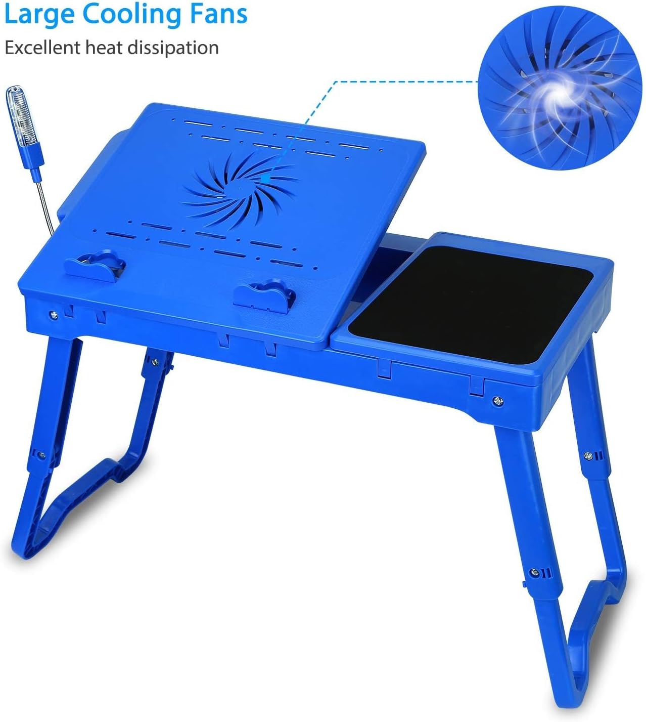 Laptop Bed Stand, Adjustable Laptop Table with Cooling Fan, Foldable Laptop Desk for Bed with USB Hub, LED Light & Storage, Mouse Pad, Computer Tray for Bed, Sofa, Home, Office (Blue)