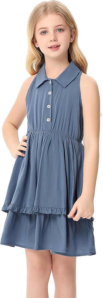 Girls Party Dresses Sleeveless Swing Dress with Double-Layer Ruffle Hem Collar Design Button Front 3-12 Years