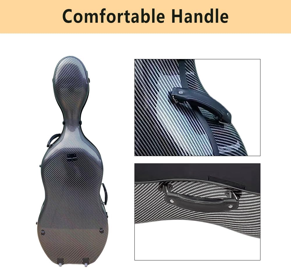 yinfente Carbon Fiber Cello Case 4/4 Full Size Hard Shell With Lock & Backpack Straps,Wheels 3.8kg Lightweight Hard Case for Student Black