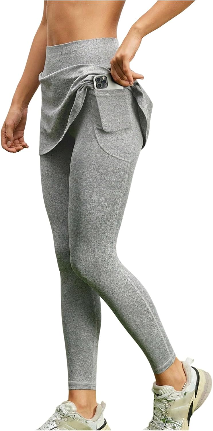 OYOANGLE Women's Skirted Leggings with Pockets Workout Outfits Tennis Yoga Pleated Skirt with Leggings