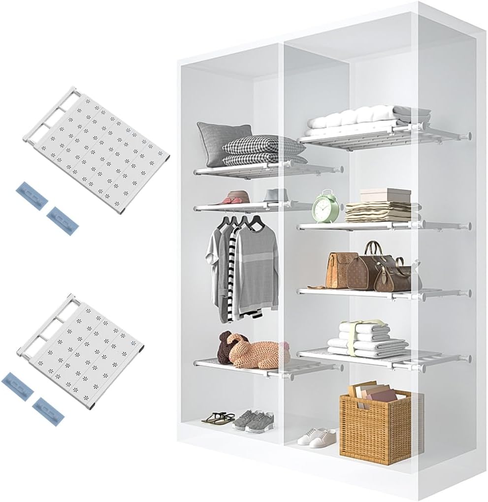 Adjustable Wardrobe Shelf Organizers Space Saving Design Stand for Closet Cabinet and More with Easy Installation