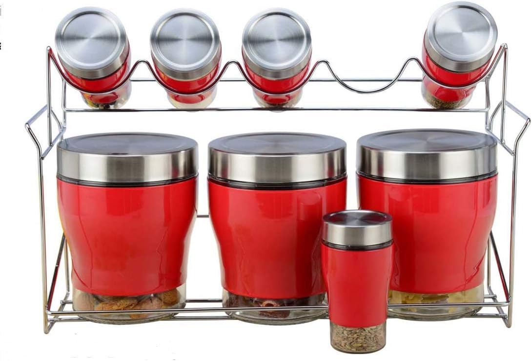 Jumbl 9 Piece Stainless Steel Red Color And Glass Kitchen Counter Storage and Spice Jar Rack Set