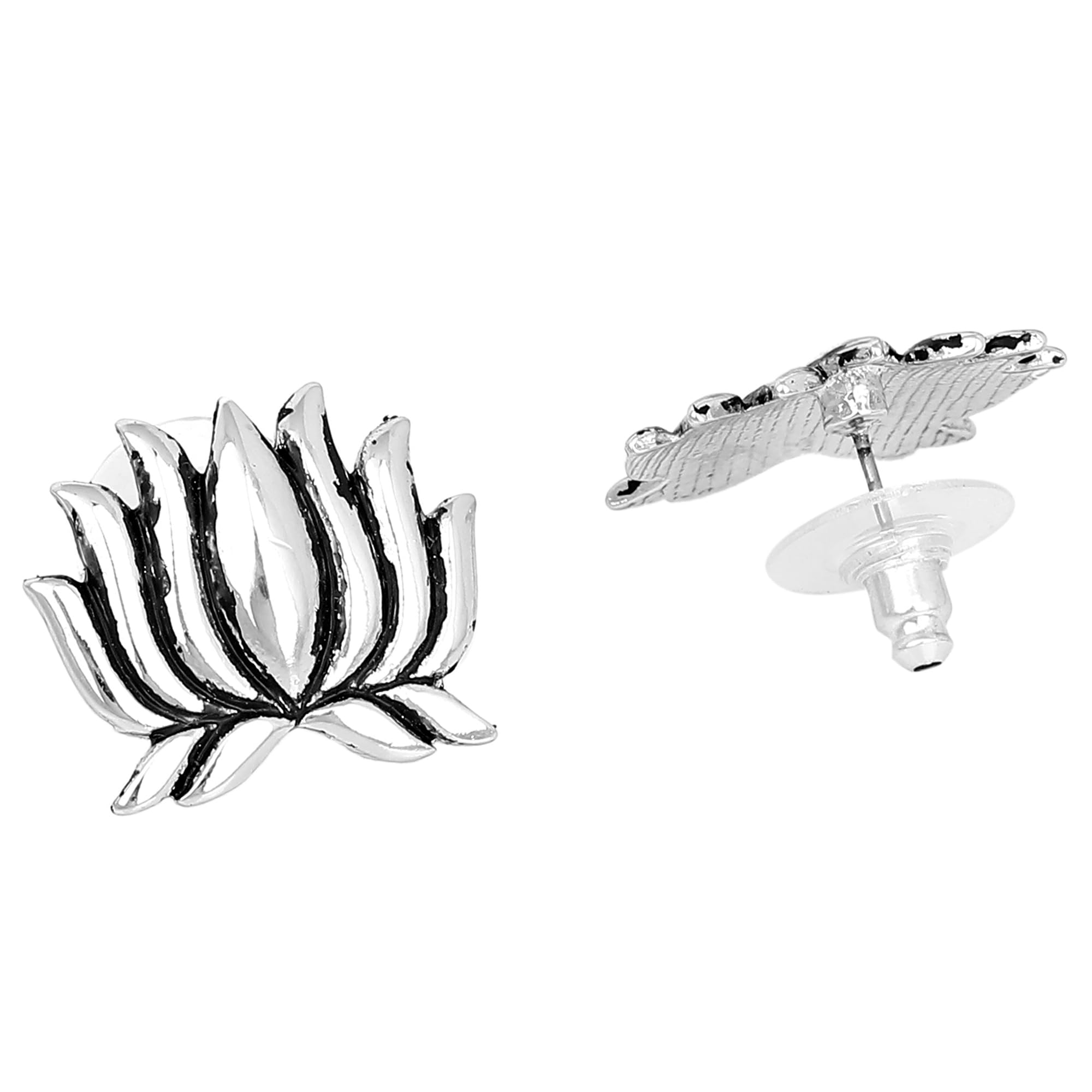 Lotus Stud Earrings Oxidized Silver Plated
