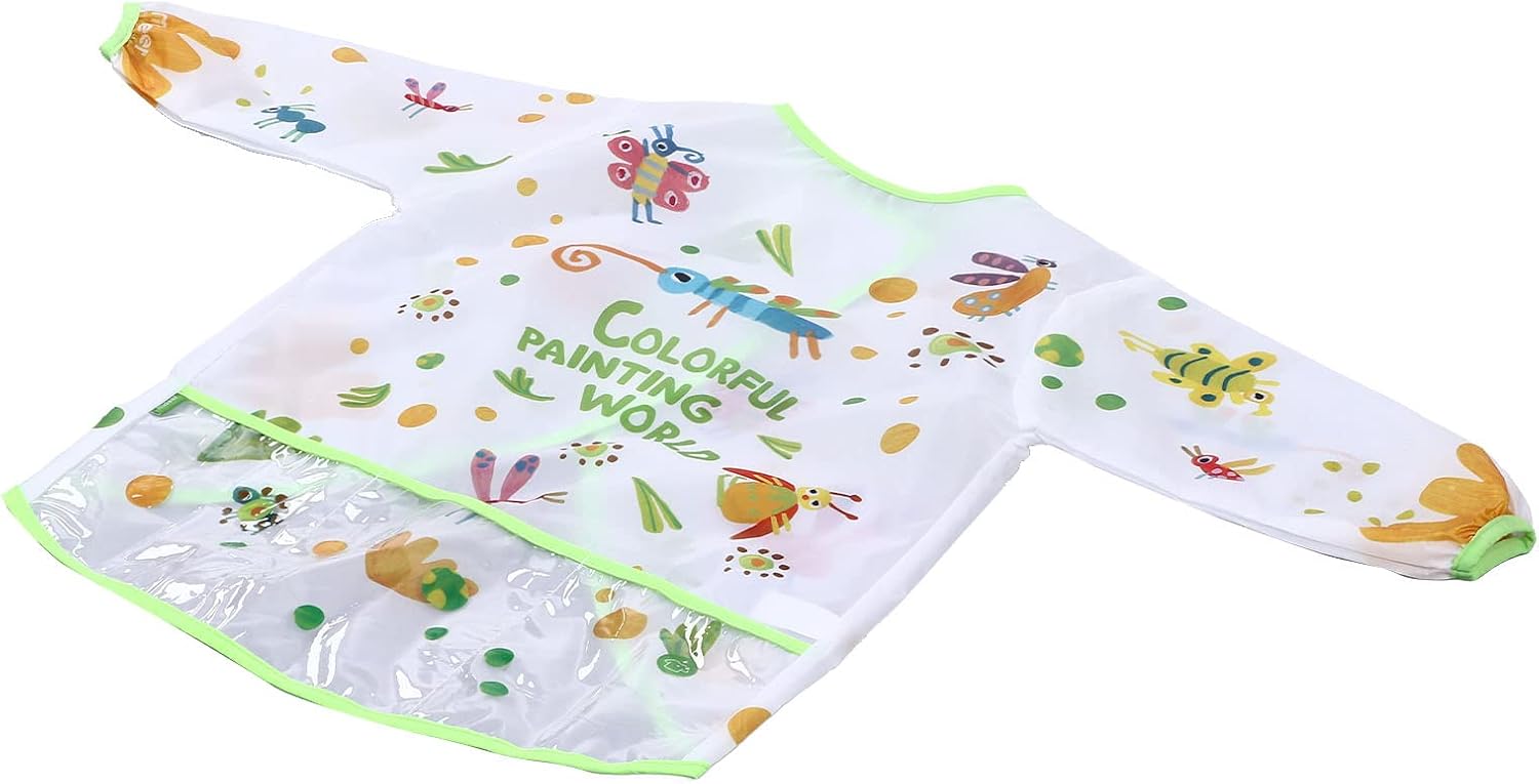 Kids Art Smock, Children Long Sleeved Painting Apron, Smock with 3 Pockets and Hook - and - Loop Closure, Cute Cartoon Design for Ages 3-6