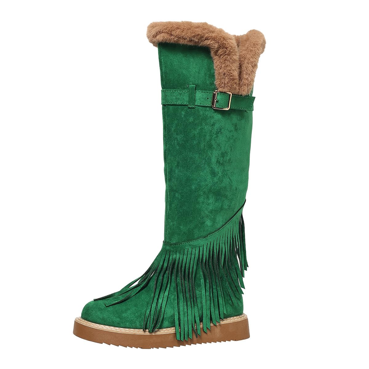 Womens Winter Knee High Tall Snow Boots Fashion Buckle Fringe Warm Faux Fur Wide Calf Outdoor Booties