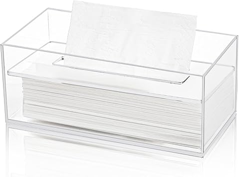 Dicunoy Acrylic Tissue Box Holder with Sinking Lid, Rectangular Facial Paper Holder with Removable Cover, Facial Napkin Dryer Sheet Dispenser for Vanity Counter, Dresser, Kitchen, Office, Bathroom