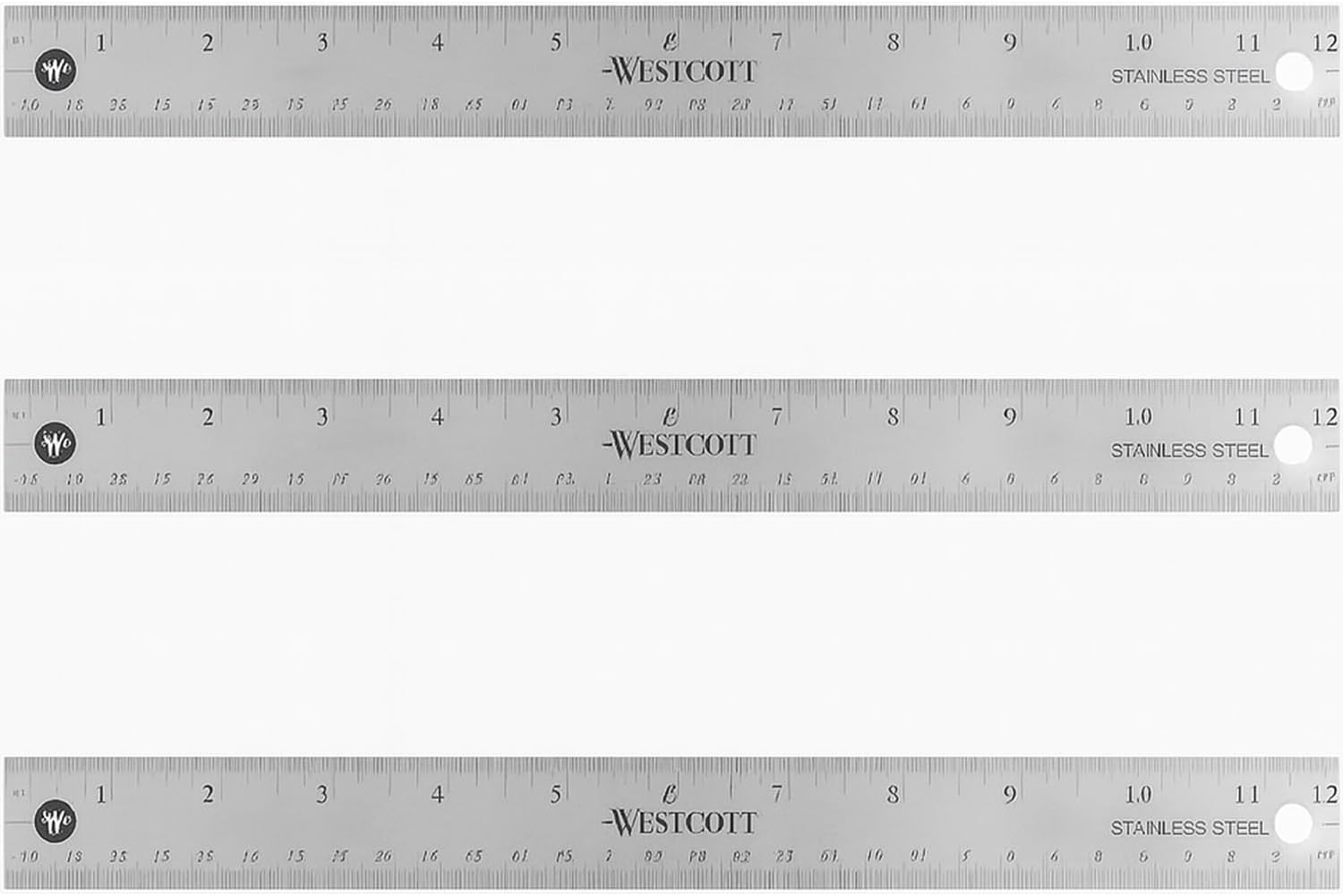 Westcott Stainless Steel Ruler Set with Non-Slip Cork Backing, Easy to Read Etched Markings, Flexible and Sturdy Design, for Crafting, Office, Classroom, Back to School Supplies, 12-Inch, 3 Pack