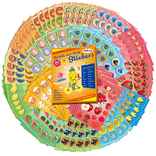 HORIECHALY Smelly Stickers for Kids, Scratch & Sniff Scented Stickers 16 Unique Scents 80 Sheets 1210 Pieces 153 Creative Designs Including Fruits, Foods, Flowers. Spark Joy & Learning in Your Child