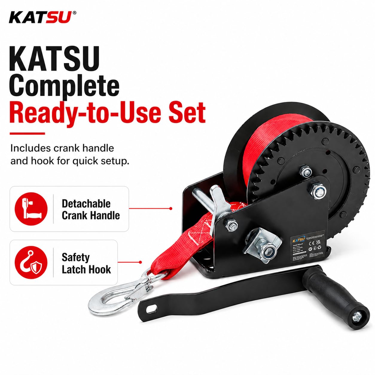 KATSU Tools Cabrestante Manual Pesado 1600lbs 725kg con Correa de Poliéster de 10m, para Remolques de Barco, Caravana, Coche, Camión y Uso Marino 325922