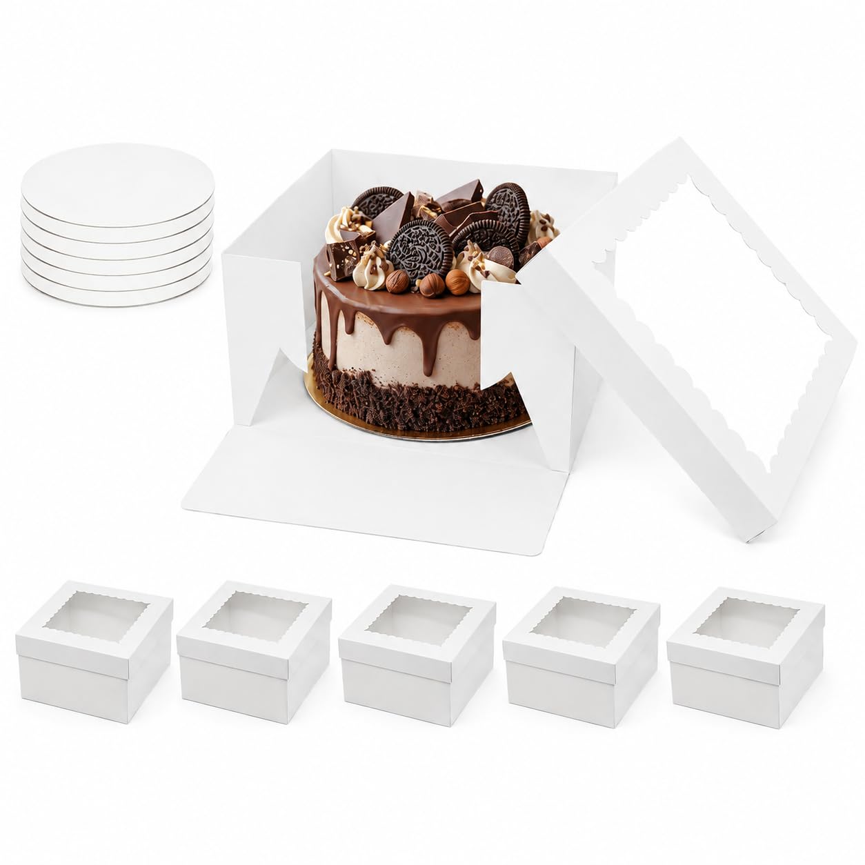 RITOLLO 6 Pack 8 Inch Cake Boxes with Boards, White Square Cake Boxes with Clear Window for Birthdays, Weddings & Celebrations, 20.3 x 20.3 x 12.7 cm