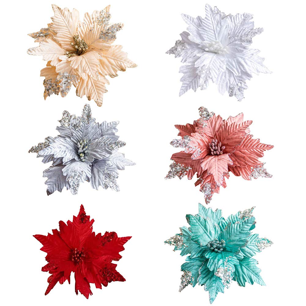 Paquete de 6 púas de flores de Pascua con purpurina, 9.8 pulgadas de terciopelo artificial con purpurina de Pascua, adornos de flores de Navidad, decoraciones for árboles de Navidad for fiestas navide