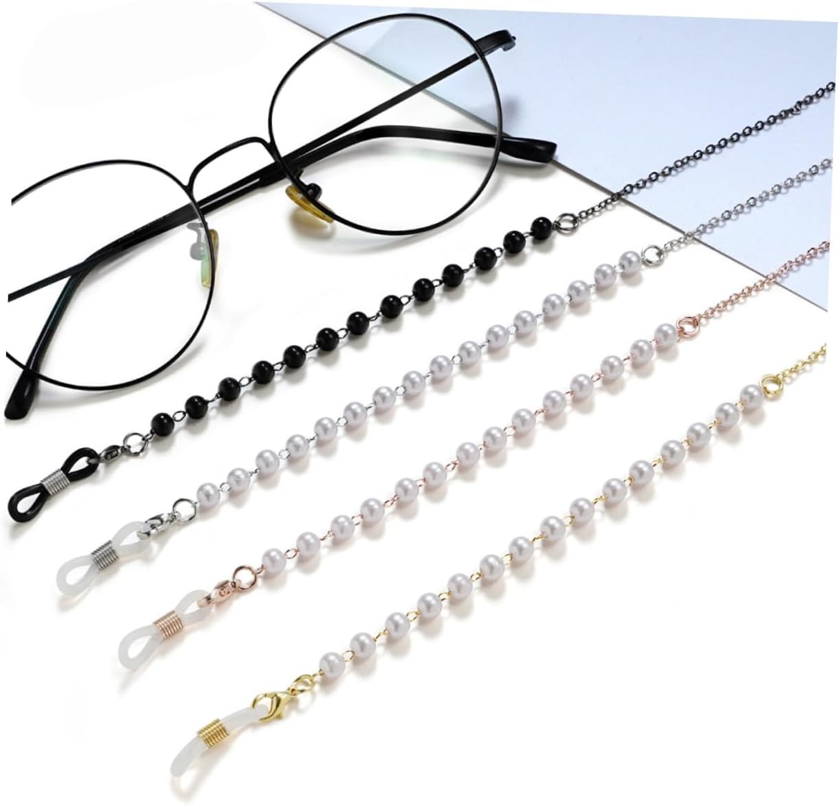 Pearl Eyeglasses Chain and Face Mask Lanyard Set, Thick Gold Electroplated Eyewear Cord, Black and Gold, 2 Pieces, Decorative Sunglasses Strap for Women and Men