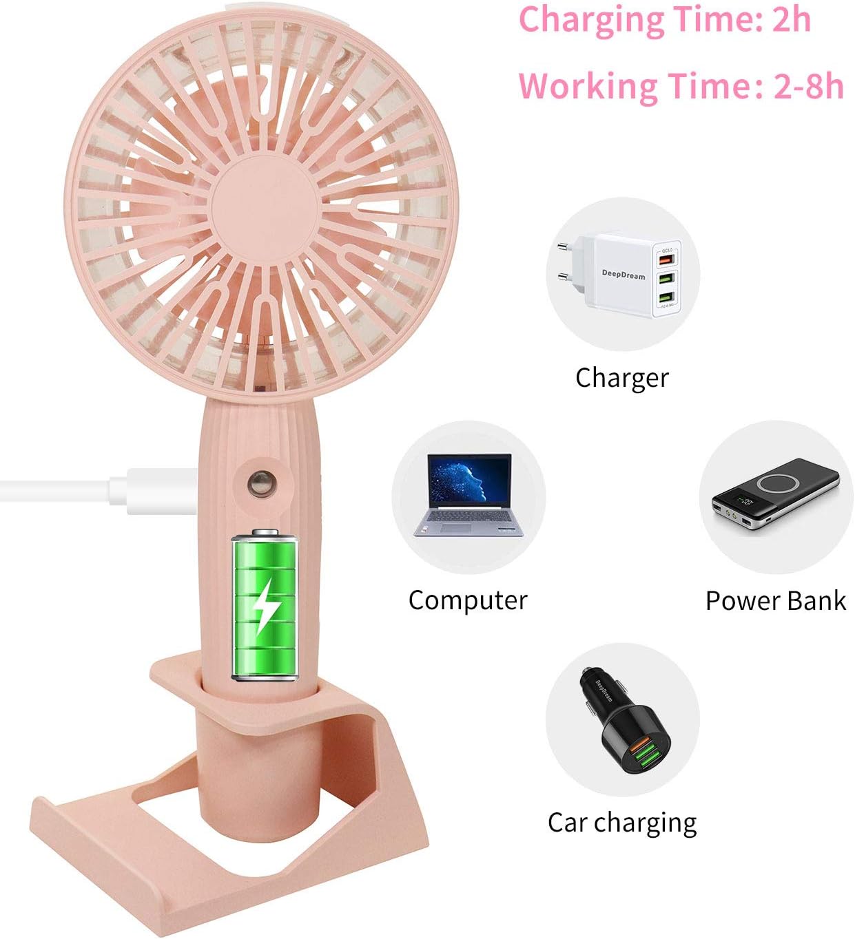 DeepDream Misting Personal Fan, Mini Handheld Fan, Small Portable Spray Fan Speed Adjustable, USB Desk Colorful Nightlight Fan for Kids Girls Woman Man Home Office Outdoor Travel (Pink)