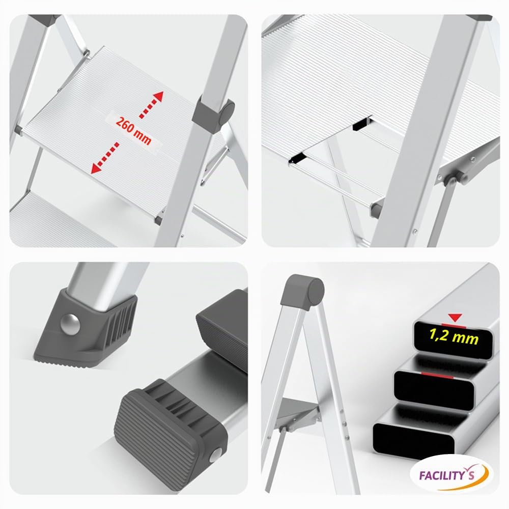 FACILITYS - Escalera de 3 Peldaños, Plegable de Aluminio, Ultra Compacta 5,5 cm - Taburete Plegable, Ligero 5,3 kg y Robusto, Carga 150 kg - Plataforma Antideslizante, 3ª Altura a 70 cm