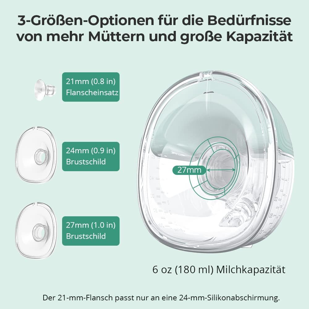 Diagram showing different breast shield sizes (21mm, 24mm, 27mm) and how to insert the 21mm flange into a 24mm shield.