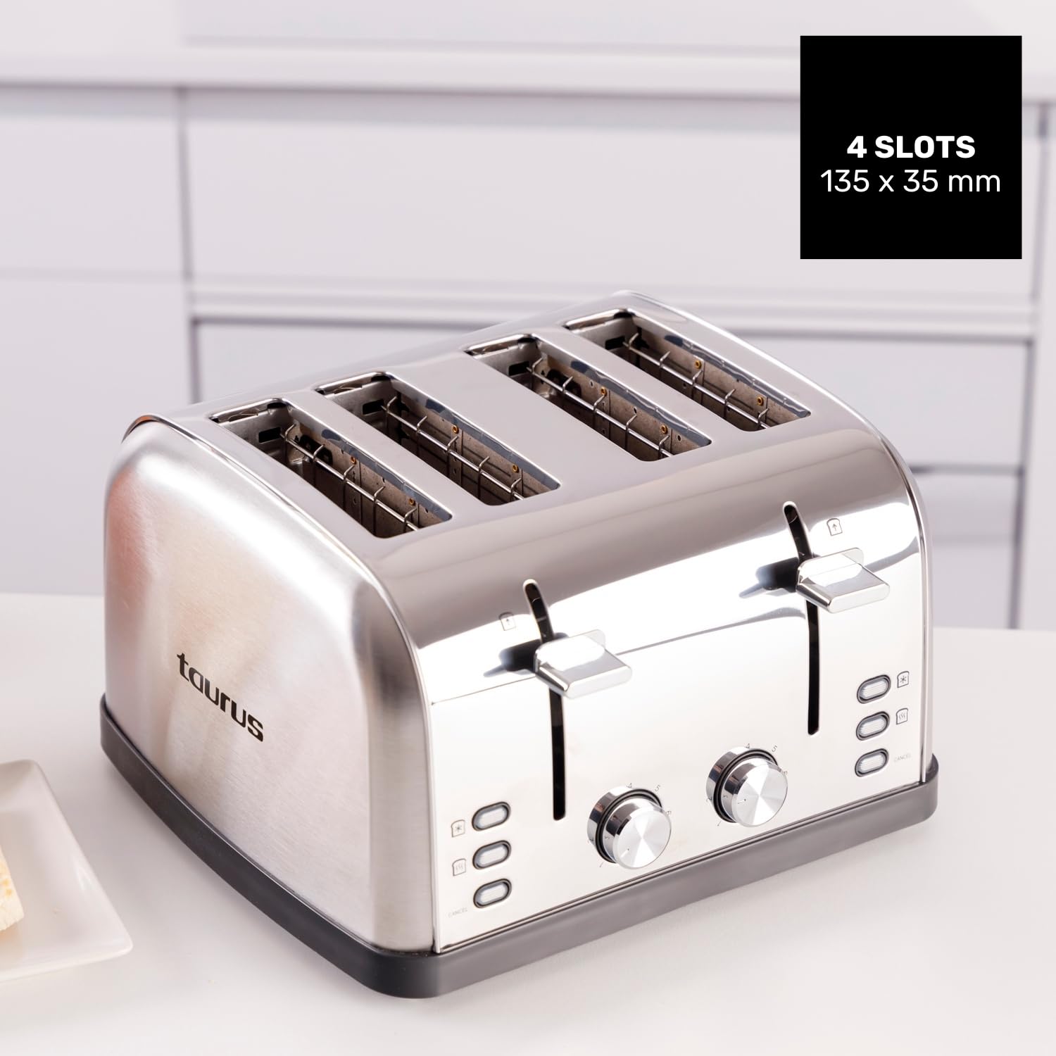 Taurus - Tostador 1900W, 4 Ranuras, 7 Niveles, INOX, Autocentrado, Vintage