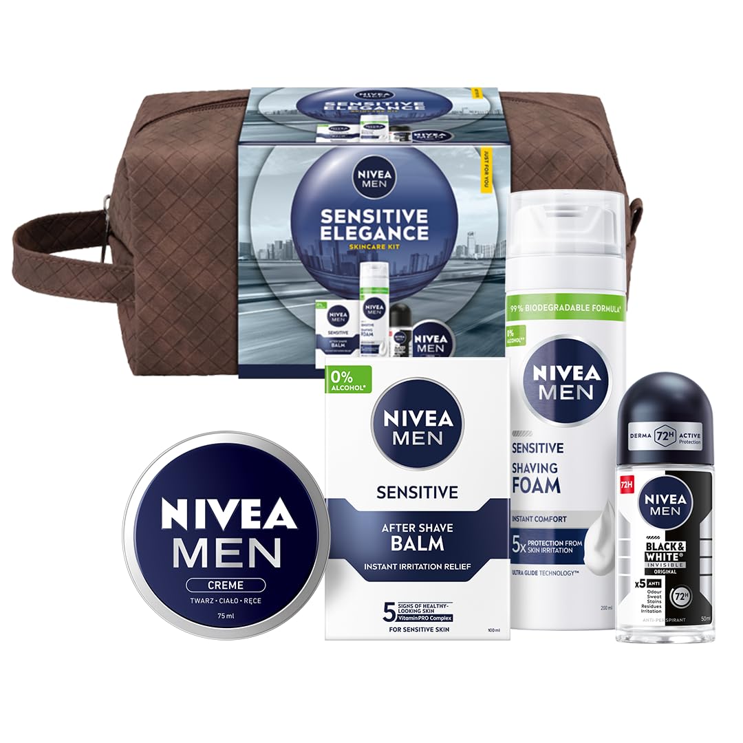 NIVEA MEN Sensitive Elegance Świąteczny prezent - Zestaw kosmetyków dla mężczyzn do twarzy i ciała: pianka do golenia, balsam po goleniu, antyperspirant i krem + kosmetyczka GRATIS