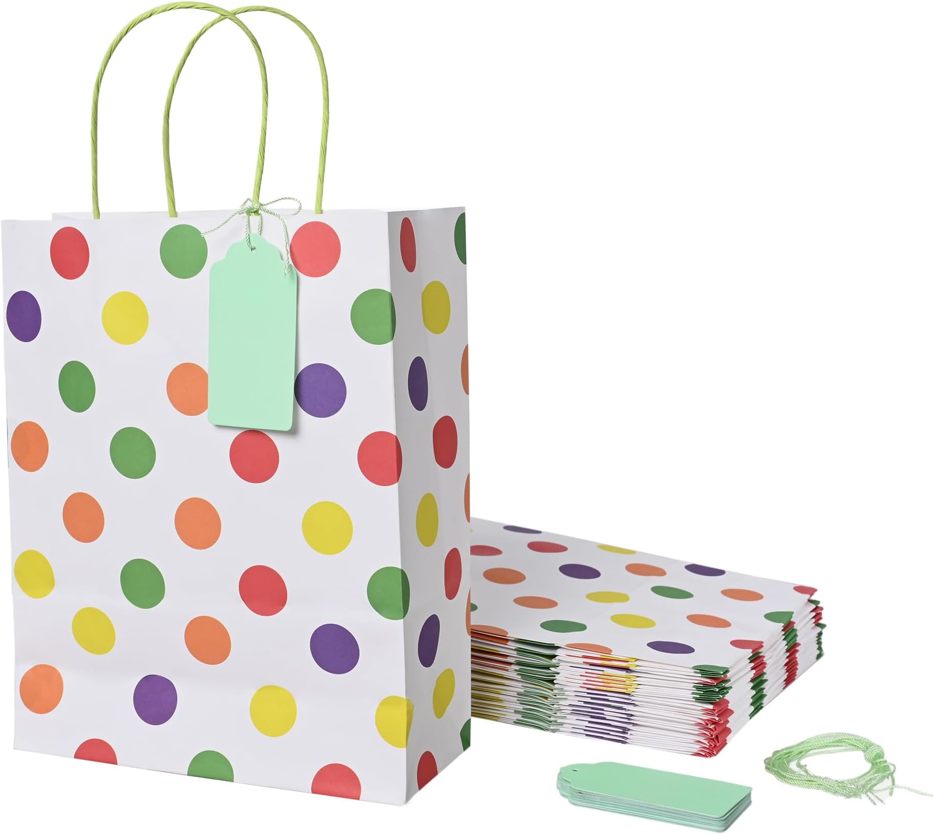 (Pack Of 20) Polka Dots Multicolor Paper Bags For Return Gifts With Gift Tags & Threads/Gift Bags For Corporate Events (12X8.7X3 Inches) | Party Favor Bags - 100Gsm