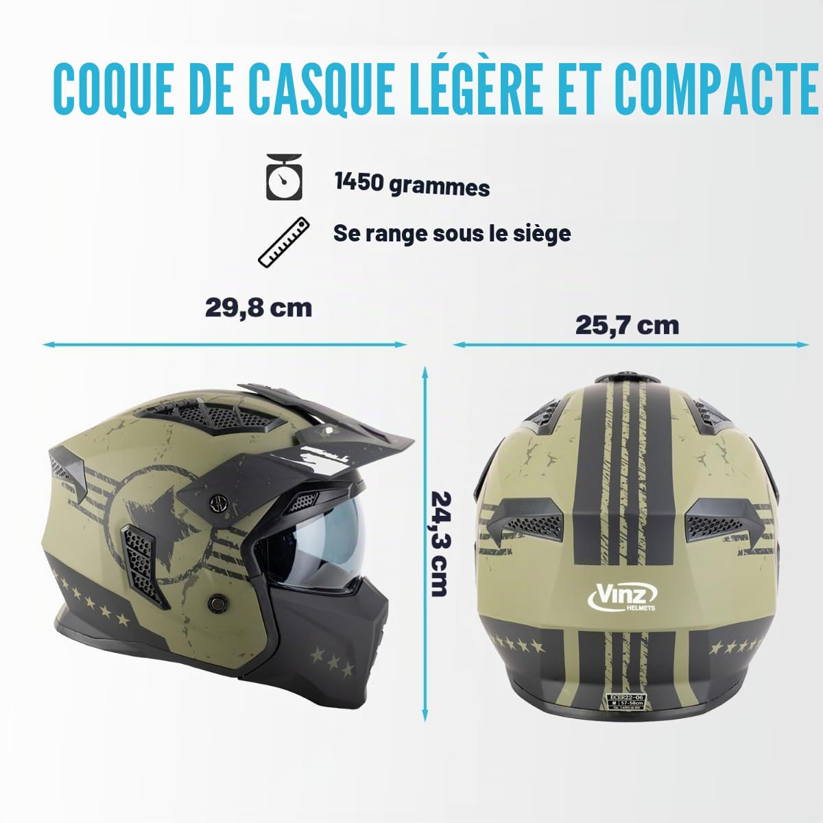 VINZ Shikoku Casque Jet / Streetfighter | Homologué ECE 22.06 | Casque Moto | Casque Scooter avec Écran Solaire Intégré | Casque Jet avec Mentonnière Amovible