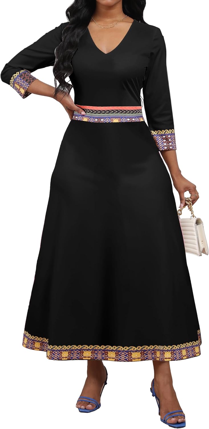 African Dresses for Women Elegant V Neck 3/4 Sleeve Casual Long Maxi African Attire Dress - Image 4