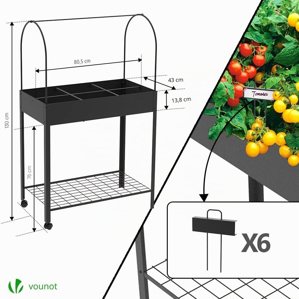 VOUNOT Hochbeet aus Metall mit Abdeckung, Rädern, Regal und 6 geteilten Gittern, Pflanztrog Kräuterbeet für Balkon Garten und Terrasse, 80.5x43x130 cm