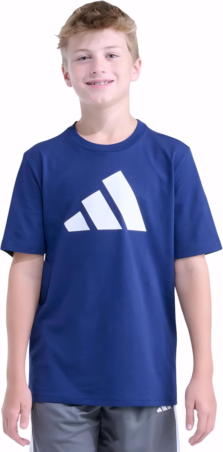 adidas Boys’ Short Sleeve Logo T-Shirt – Soft Cotton Blend Jersey, Regular Fit, Ribbed Crewneck