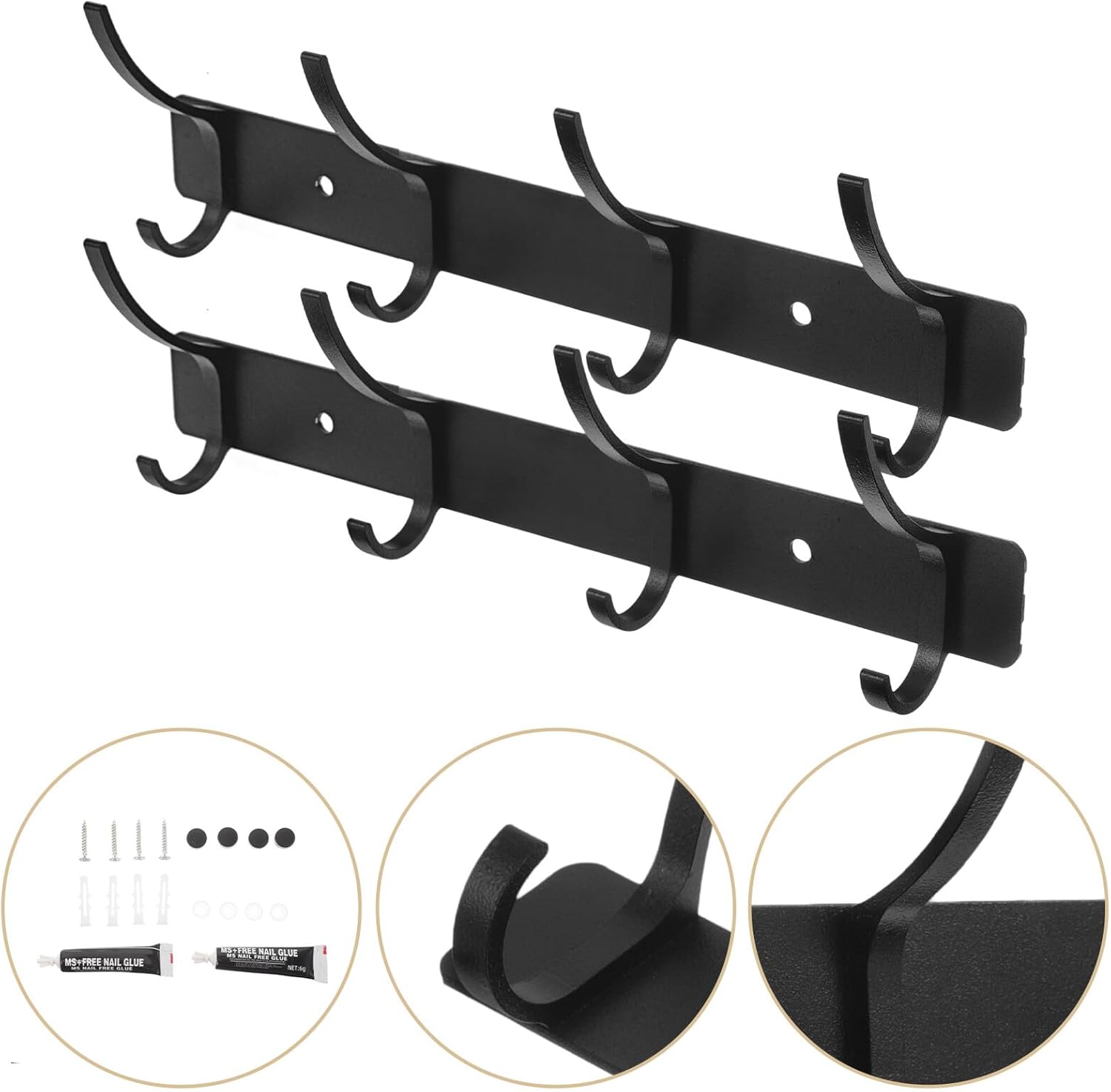 Door Coat Hooks 4-Hook Black Heavy Duty Wall Mounted Hat Hooks for Bedroom Entryway Storage 2pcs No Drilling Damage Home Organization