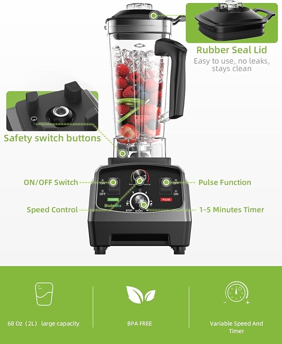 BioloMix Professional Blender,2200W,68 Oz Capacity,Kitchen High Speed Blender for Shakes, Smoothies, Ice Crushing, Frozen Fruits (with Extra Parts+600ML Grinding Cups)