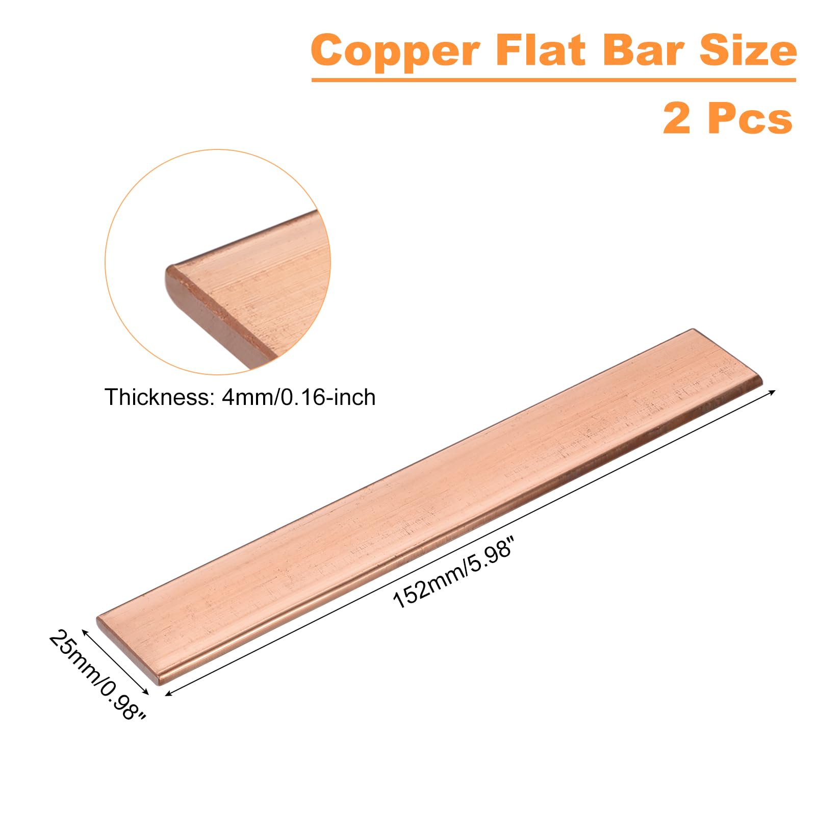 sourcing map Lot de 2 barres plates en cuivre - Épaisseur : 2,5 cm - Largeur : 2,5 cm - Longueur : 15,2 cm - Longueur : 15,2 cm - Pour barres de bus électriques (4 mm x 25 mm x 152 mm)