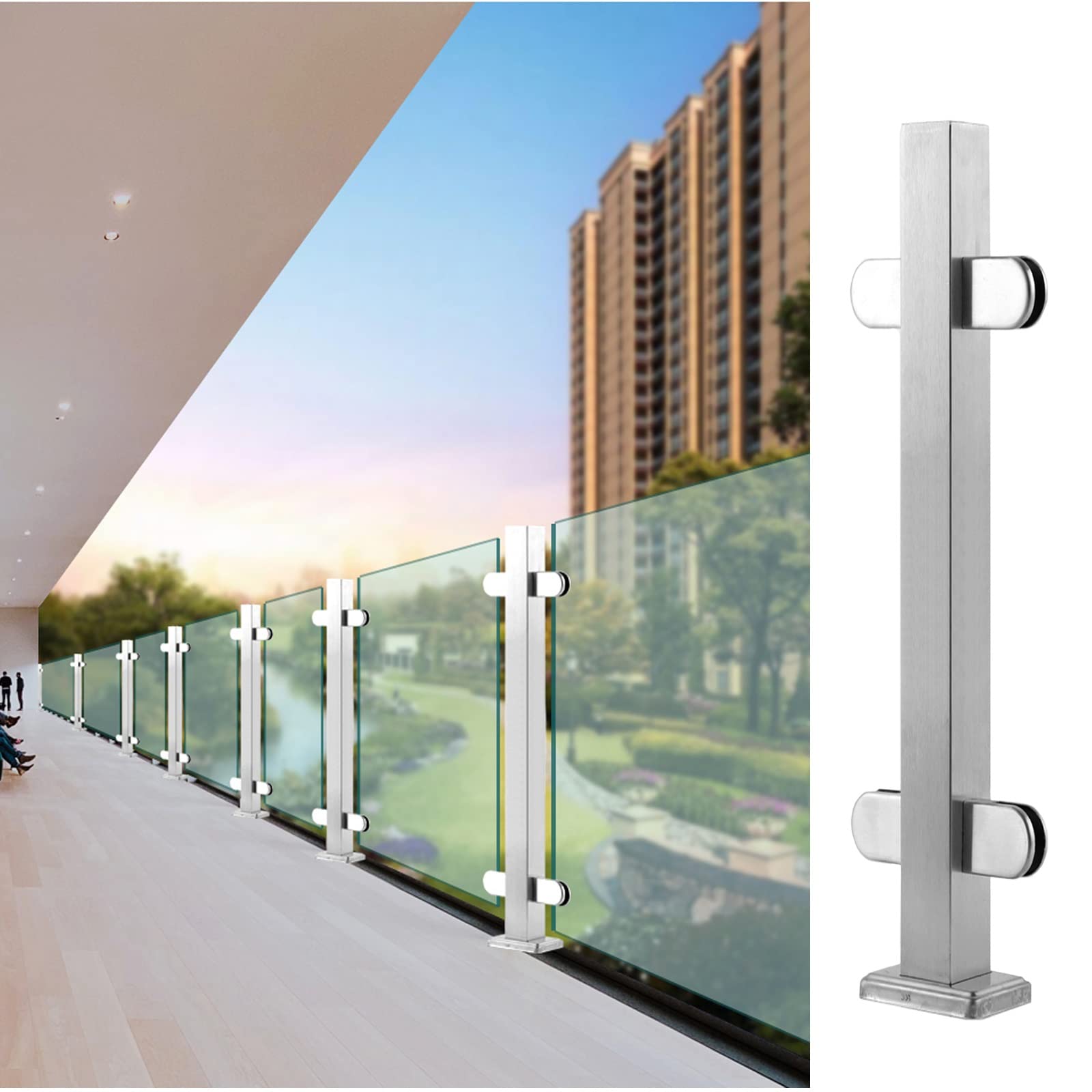GHHVFEC Square Glass Clamp Railing Posts Stainless Steel Pool Fence For Home Garden Stairs Balcony Balustrade Heavy Duty Baluster Panels Pillar End Post Hight 95Cm/37In,Middle Post-Hight 115cm/45in