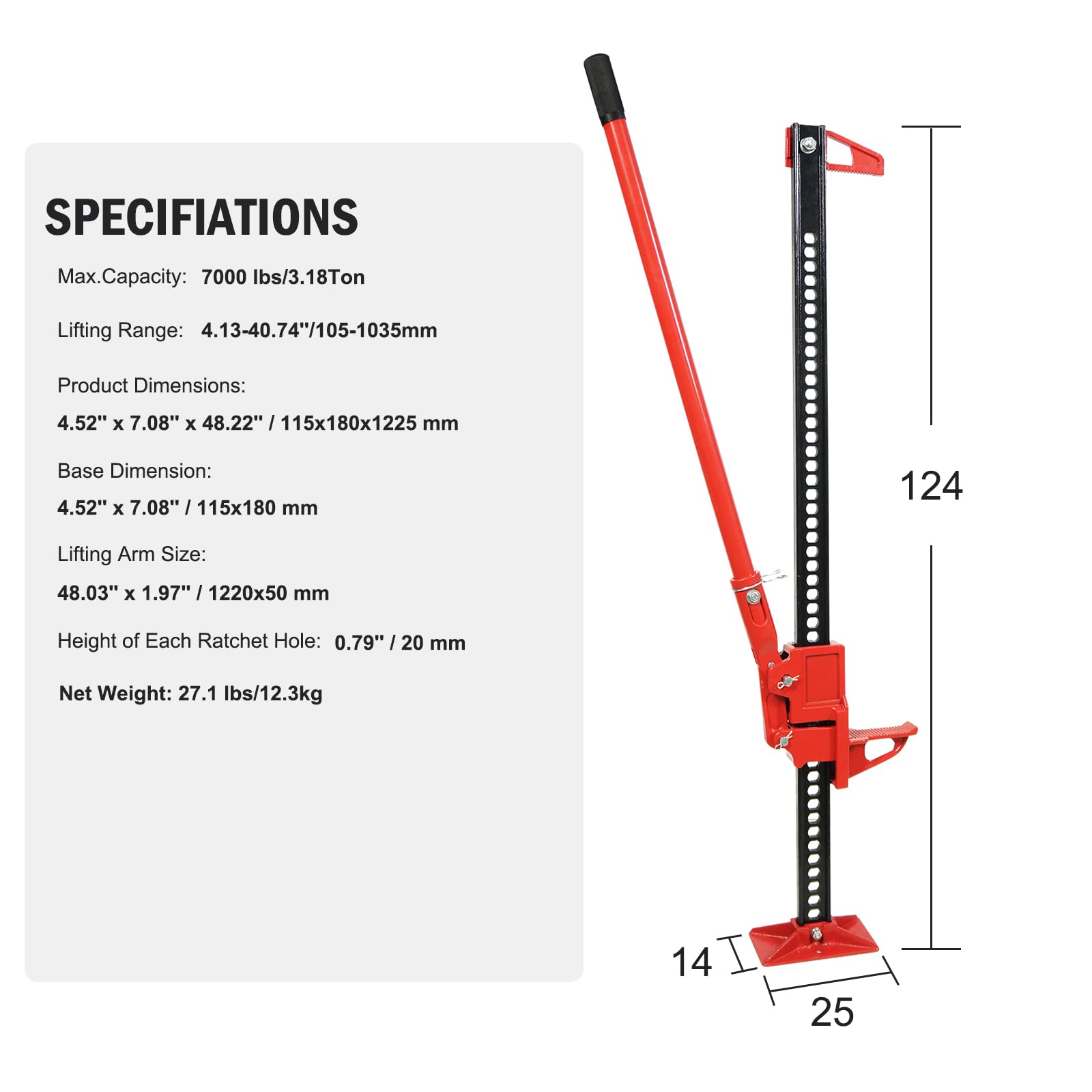 Garvee Cric Fermier à Levier 1,3 Tonnes, Cric Multi-Usage 3000 kg Tout-Terrain, en Acier Fonte 13,9kg, Hauteur de Levage 12,2-135 cm pour Véhicules Utilitaires, ATV, 4x4, Tracteurs, Camions et Travaux