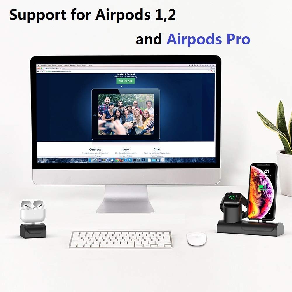 3 in 1 Stand for Apple Watch iPhone AirPods Holder Docking Station Dock Silicone Support for iWatch 4/3/2/1/ AirPods/iPhone XR/XS /8/8 Plus/ 7/7 Plus Black (3 in 1 Stand)