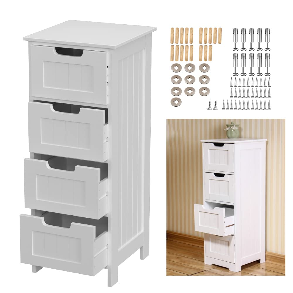 AUTOFU 4 Drawer Storage Cabinet Freestanding Waterproof Storage Unit White Slim Tall Storage Cupboard with 4 Drawers for Bathroom, Bedroom, Living Room, Kitchen, Hallway, Office
