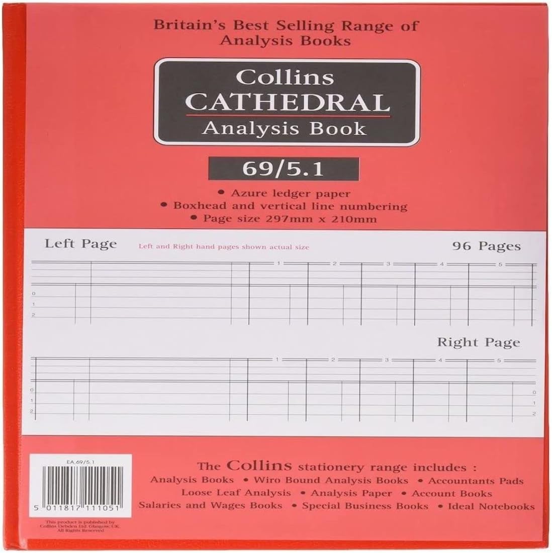 Collins 060343 Cathedral 69 Series 5 Cash Columns A4 Analysis Book, 96 Pages, Red 1