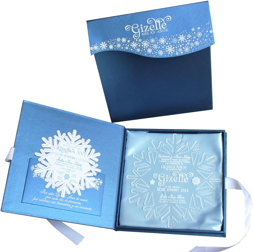 Customized Quince Añera Celebration Acrylic Invitation Snowflake Design in Blue Color Hardcover Box Dauther's 15 Años Invitations Including Reception Card Winter Wonderland Quinceanera Invitations Box Set, Elegant Sweet 15 Birthday Party Invitations 1251