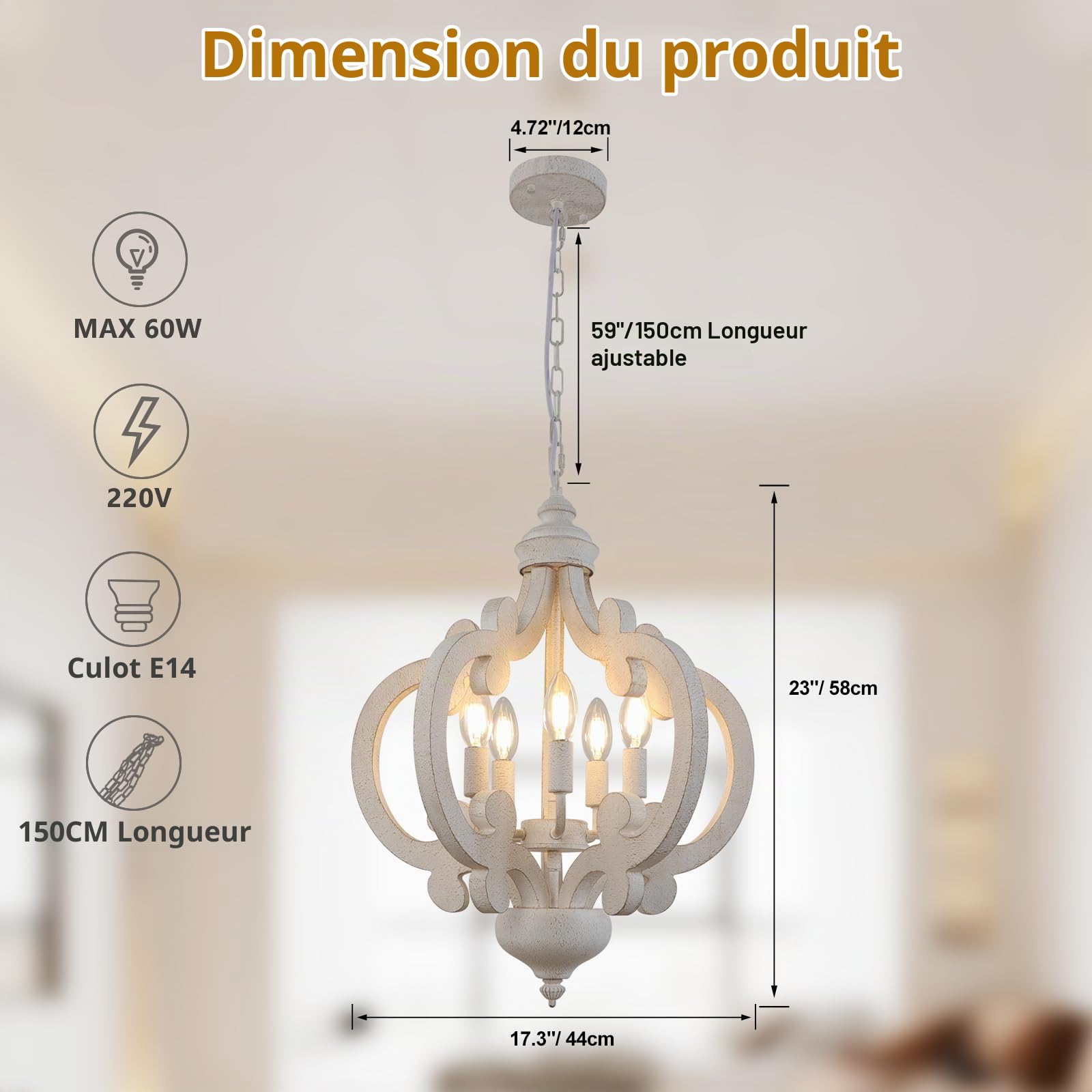 Lustre de Ferme en Bois 5 Lumières Lampe à Suspension Rustique Blanche Vieillie Lustres de Campagne Française pour Salle à Manger, Chambre à Coucher, Cuisine