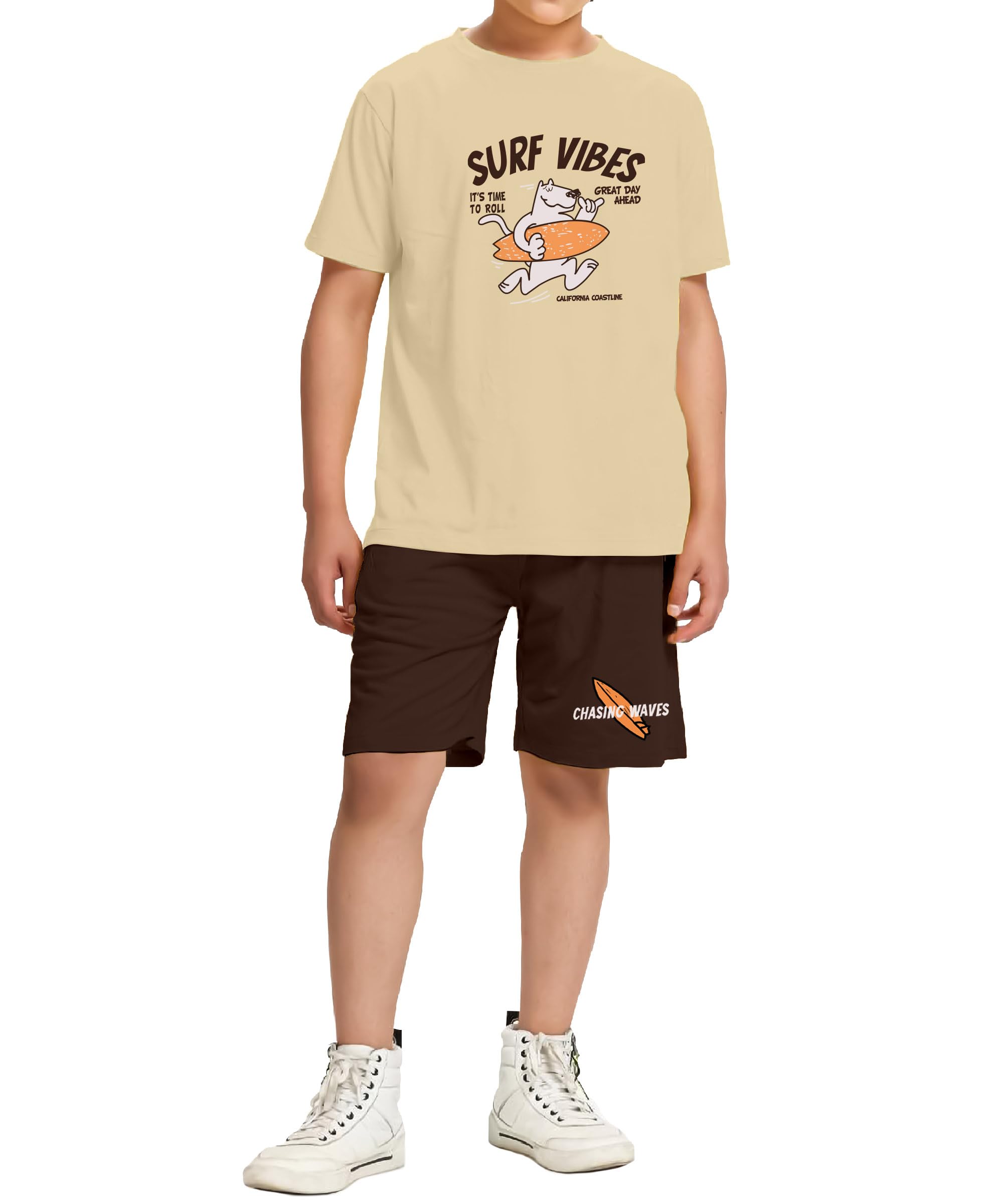 KYDA KIDS Jungen-Kleidungs-Set, 100 % reine Baumwolle, übergroß, halbe Ärmel und Shorts, bedruckt für Jungen