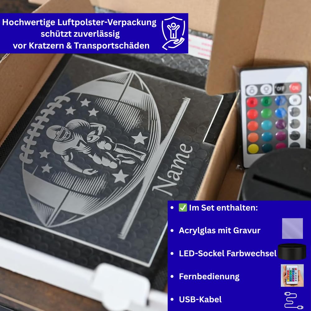 Personalisierte LED Football Lampe – Nachtlicht & Tischlampe mit Name – American Football Geschenk für Kinder, Jugendliche & Erwachsene – Football Deko für Zuhause & Vereinsheim, 16 Farben dimmbar